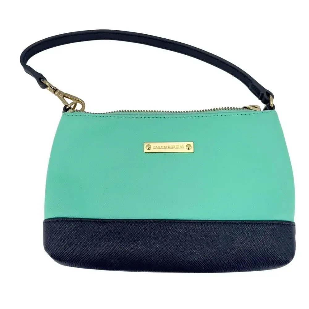 Banana‎ Republic Teal Blue Color Block Faux Leather Zip Mini Clutch Purse Bag